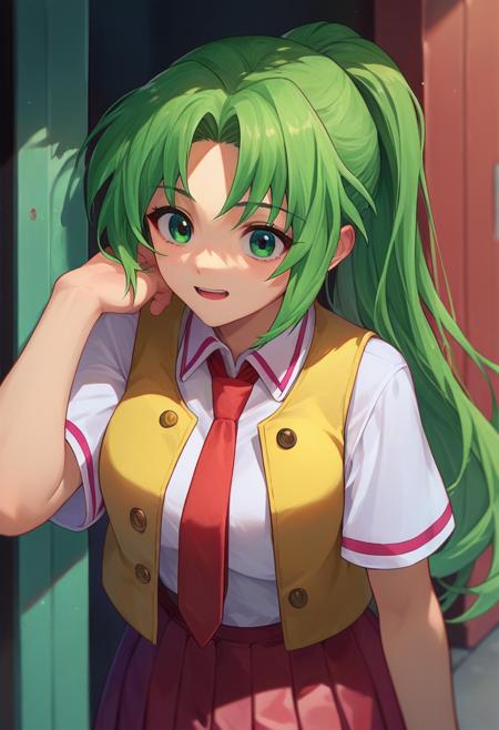 Mion Sonozaki, green eyes, ponytail, green hair white shirt, red necktie, yellow vest, red skirt yellow T-shirt,white clothes around waist, jeans