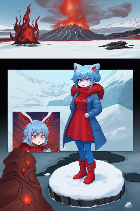 Chibi Anthromorphic Furry bunny Girl, Red and blue Fire-bun bun in red winter dress  with light-blue over coat that is open, blue tights, red boots, standing near a  Glowing lava flow in Iceland, large flakes of ash and snow, angry, long Red-blue hair, comic panels, comic book page style, detailed illustration