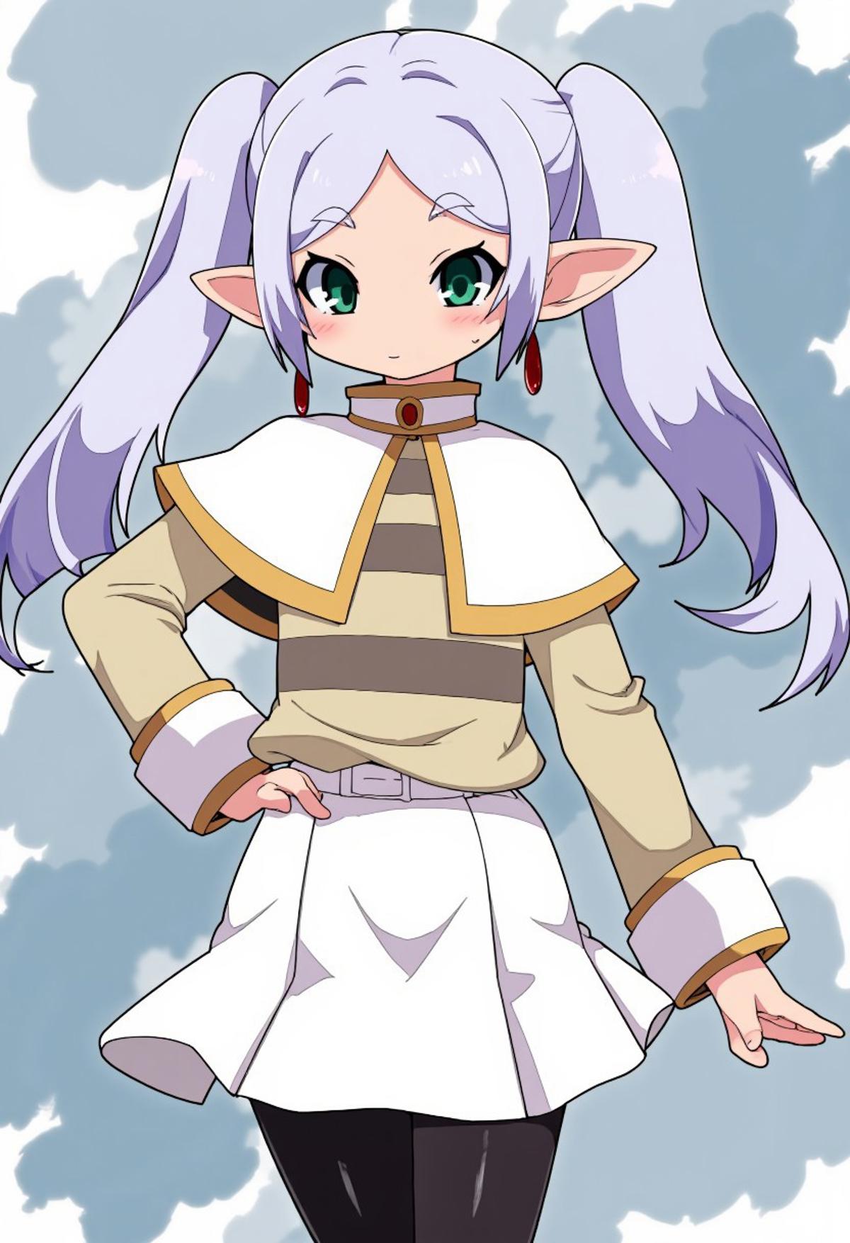 zzCitronCAT, 
nereirfpnxl, frieren, elf, pointy ears, green eyes, white hair, twintails,
shirt, long sleeves, jewelry, earrings, striped, capelet, striped shirt, white skirt, black pantyhose,
closed mouth, standing, collarbone, cowboy shot, hand on hip, contrapposto, 
abstract background,