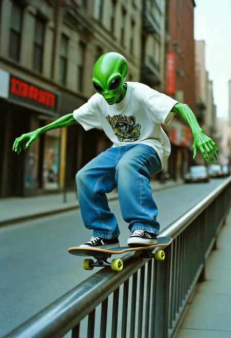 a y2k style photograph of an alien with green skin wearing hiphop style clothing with baggy blue jeans and a white tshirt skateboarding through a city street. The alien is rideing the skateboard along a metal railing as the alien balances on the board with his arms streached out beside him. The shot is taken with a y2k photography style with a slight fish-eye lense. The alien is grinding along the railing, the skateboard is on top of the railing. The photograph captures the full scene.
