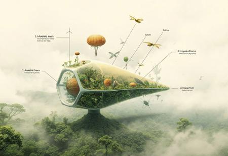In a speculative drawing collage style, a biotech simbiogenetics bank micro ecotone is depicted as a sleek, fractal-like structure embedded within a lush, humid fog-filled environment. The compact symbiotic design, grounded in amphibious principles, features inflatable deployable structures that disperse seeds, vegetation buds, nutrients, and pollinators through various methods including ballistic, wind, and water. This intricate system is seamlessly integrated with atmospheric rivers, connecting the Amazonia Forest to the Chingaza Paramo, showcasing the interconnectedness of regional ecosystems in a highly detailed, wide background.
