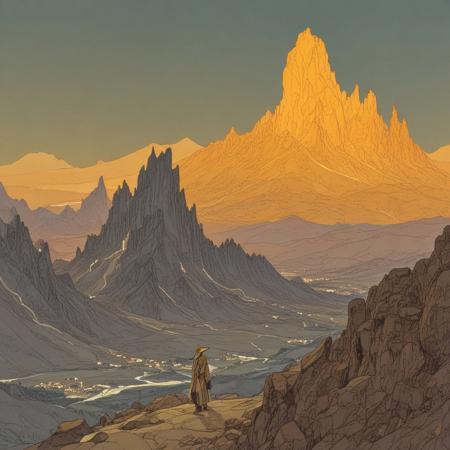 <lora:Moebius_Diffusion.safetensors:1.0>, A dramatic mountain range with jagged peaks and a distant ancient temple glowing with amber light, a shadowy tall figure with a large hat standing near the peak, grey and glowing gold, the glowing temple peaks, in the style of Jean Giraud, in the style of Moebius,