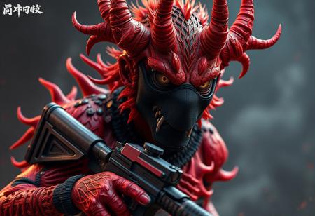 "Create a highly detailed, vibrant character design of an eldritch monster with a gun, donning a black mask. Aim for a cinematic look with unreal engine 5, incorporating intricate hyper realism and the golden ratio. Add unique character details such as glasses and a bullpup weapon. Draw inspiration from artists like Artgerm, Ross Portrait, and Vektroid. Optimize for 8k resolution and a striking red/orange color scheme, reminiscent of Studio Ghibli's style. Make it trend-worthy for ArtStation and Instagram."