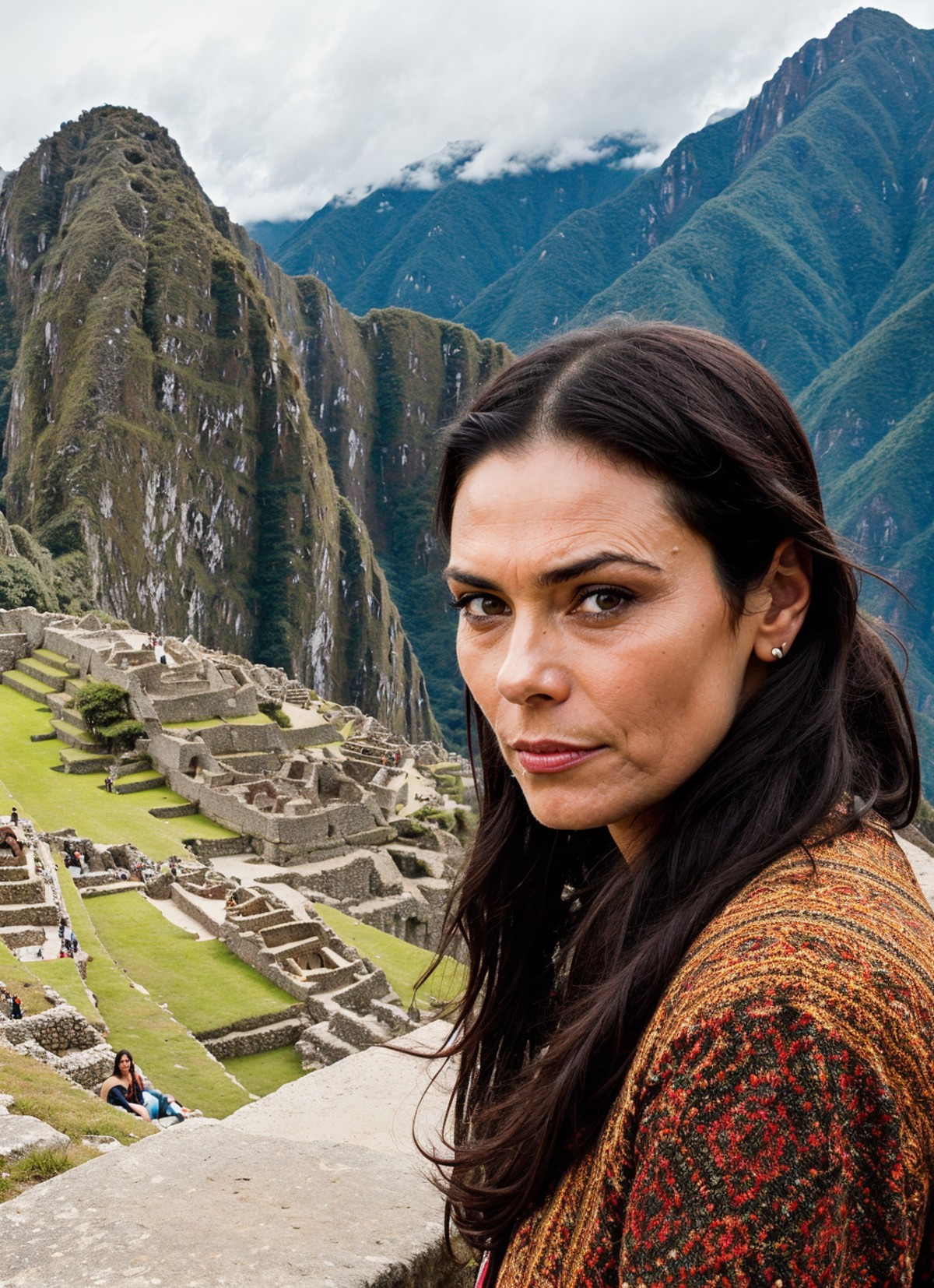 portrait of sks woman in Machu Picchu, with the ancient ruins in the background, by Flora Borsi, style by Flora Borsi, bol...
