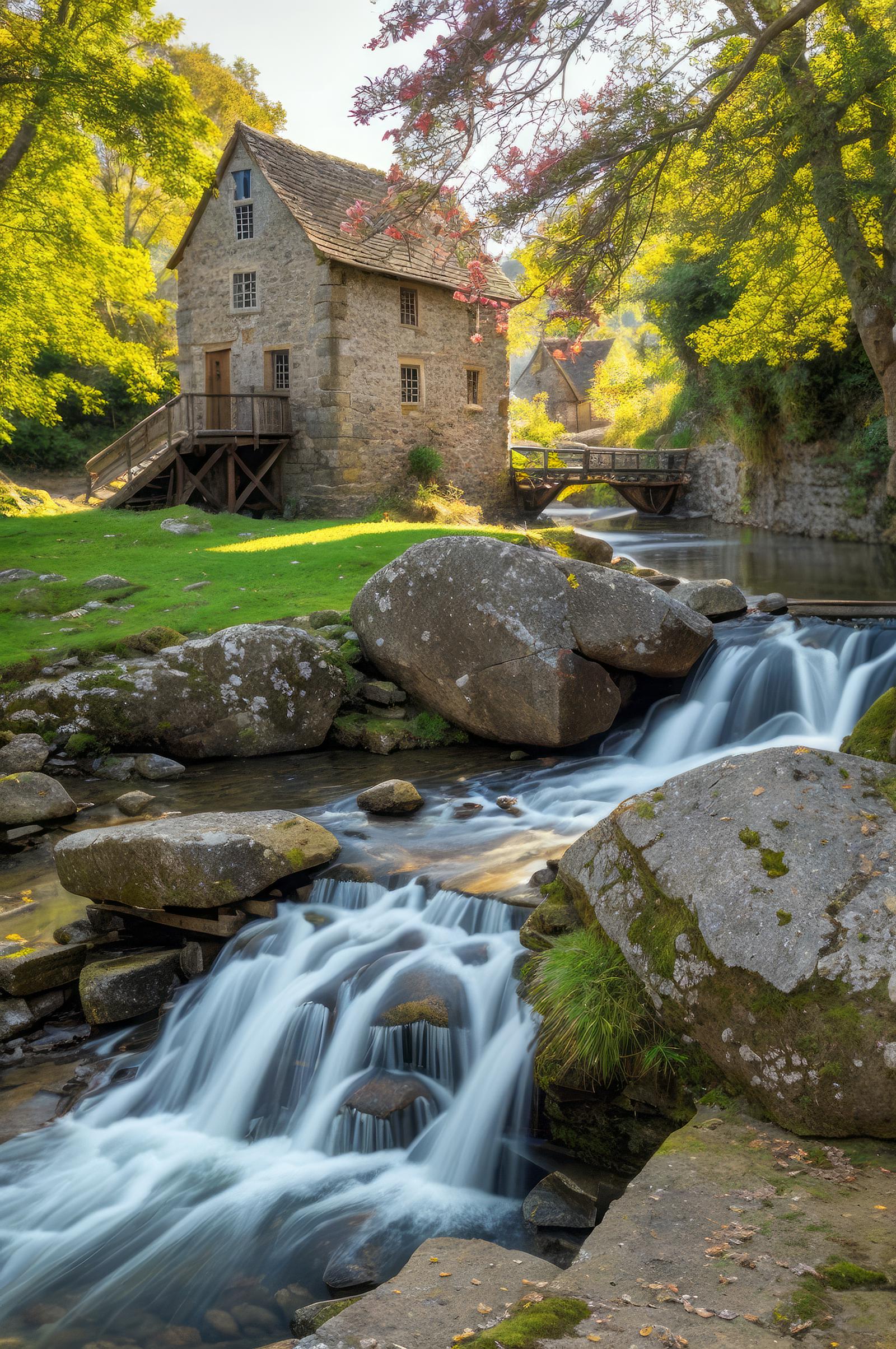 A picturesque view of a stream flowing through a village with a stone house and bridge. The stream is surrounded by greenery and rocks, creating a serene and peaceful atmosphere.