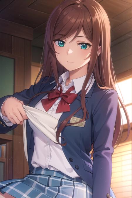 miraikamiki, <lora:mirai kamiki s2-lora-nochekaiser:1>, 
mirai kamiki, long hair, brown hair, (green eyes:1.2), (swept bangs:1.5), smile,
BREAK skirt, bow, school uniform, jacket, socks, kneehighs, shirt, white shirt, collared shirt, blazer, blue blazer, red bow, long sleeves,
BREAK indoors, classroom,
BREAK looking at viewer, (cowboy shot:1.5),
BREAK <lyco:GoodHands-beta2:1>, (masterpiece:1.2), best quality, high resolution, unity 8k wallpaper, (illustration:0.8), (beautiful detailed eyes:1.6), extremely detailed face, perfect lighting, extremely detailed CG, (perfect hands, perfect anatomy),