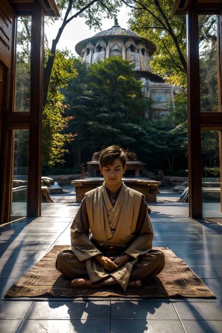 (Jedi temple), (sitting Indian style:1.5), JeroenMondrian, wearing  in jedioutfit, meditating, eyes closed, short hair, masterpiece, (((full body portrait)))  <lora:JeroenMondrian-000008:0.75> <lora:jedi:0.3>  <lora:starwars:0.5>  <lora:jedioutfit:0.7>