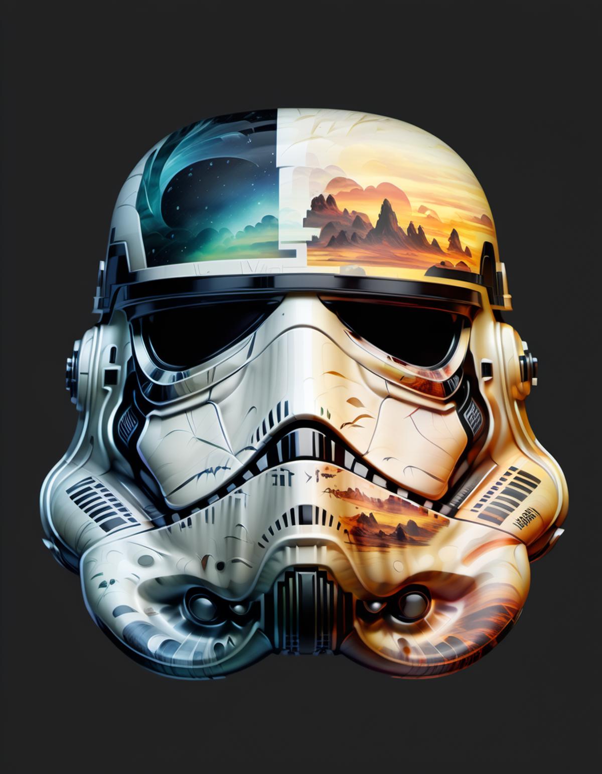 The face of a stormtrooper from Star Wars, with a colorful background.