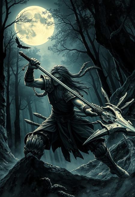 A fierce warrior, inspired by the work of Luis Royo, wages an intense battle in a dark and mysterious forest. The artwork should be in high resolution and show an anime style with realistic elements. The scene should be illuminated with spectacular moonlight, casting shadows and creating an atmosphere of tension. The warrior's movements should be dynamic and powerful, reflecting the tension of the battle. Additional artists can be brought in to emphasize the style and add unique touches such as ink splatters to give the illustration depth and texture.