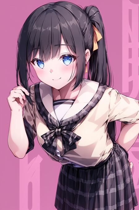 1girl, solo, long hair, blue eyes, skirt, school uniform, smile, black hair, plaid skirt, ponytail, plaid, hands on hips, polka dot background, leaning forward, pleated skirt, ribbon, looking at viewer, serafuku, polka dot, hair ribbon, blush, (masterpiece,best quality)