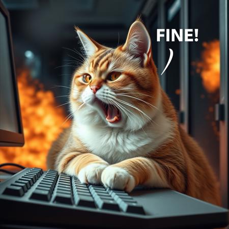 Funnyshocked fat cat typing on keyboard, Eye Understanding Photo, 1 Dog, side view, Text (ITS FINE), wild cat, Frustrated, Trying to Fix Burning and Exploding Server Room