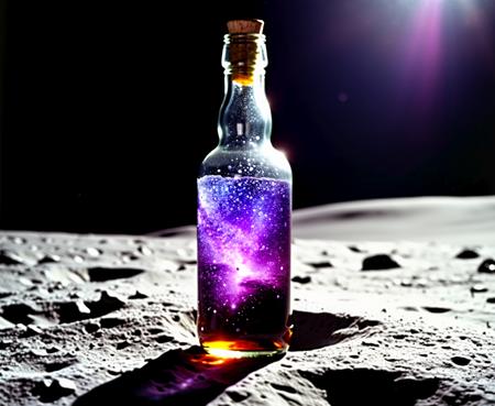 a historic image taken during the apollo moon landing. setting: on the moon, the finding of a beautiful scenery nature glass bottle landscape, , purple galaxy bottle, 