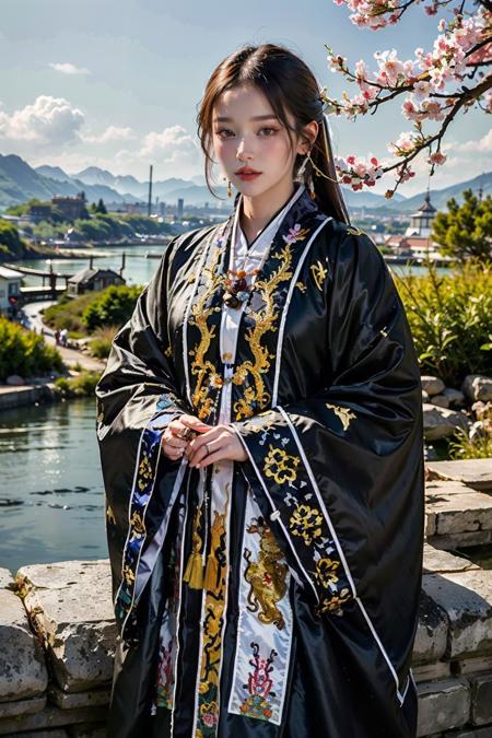 ((masterpiece), (best quality), ultra high res, (raw photo:1.2), (photorealistic:1.4), Exceptional detail, dramatic lighting, highres,   8k, absurdres,  1boy, Chinese, (Daoist_robe:1.3), black daoist_robe, outdoor, Chinese Ancient ,  looking at viewer, landscape, cherry blossom,  <lora:Daoist_Robe-000005:0.65>,  
ulzzang-6500:0.7, 
<lora:locsChinaLandscapes_locsChinaLandscapes:0.55> chinese, mountains, ancient chinese style landscape painting, mountains in front, beautiful winding green river behind, high line detail, high resolution, ultra high quality,  epic composition, cinematic lighting, masterpiece, bold complimentary colors <lora:Chinese_Long_Beard_v2-000002:1> chinese long beard,