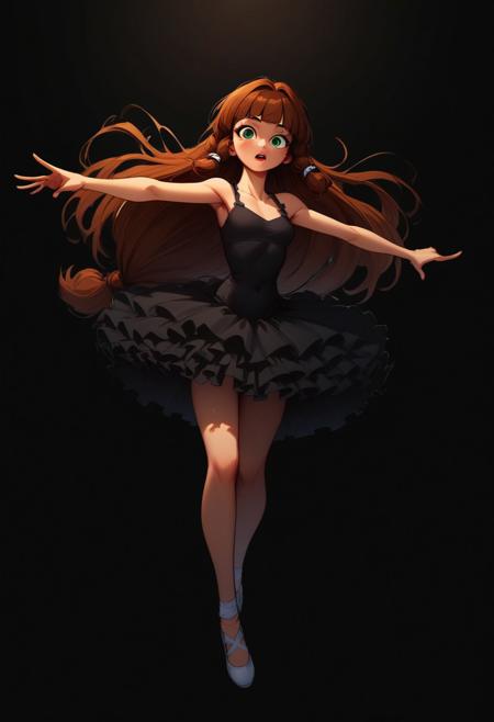 Blend_in, black background, score_9, score_8_up, score_7_up, masterpiece, best quality, absurdres, highly detailed, (high contrast, sidelightning), full body, (from above:0.6), 
BREAK 
1girl, solo, imtdlilaross, long hair, low-tied long hair, green eyes, blunt bangs, brown hair, hair tubes, corseted ballerina attire, bell tutu, pitch black clothes, (white ballerina pointes), arabesque, stage performance, outstretched arms