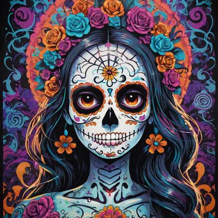 glow in the dark poster, hyper detailed in the style of light box, in the style of playful graffiti-inspired murals,  dia di muertos , psychedelic manga, contrasting shadows, terrorwave