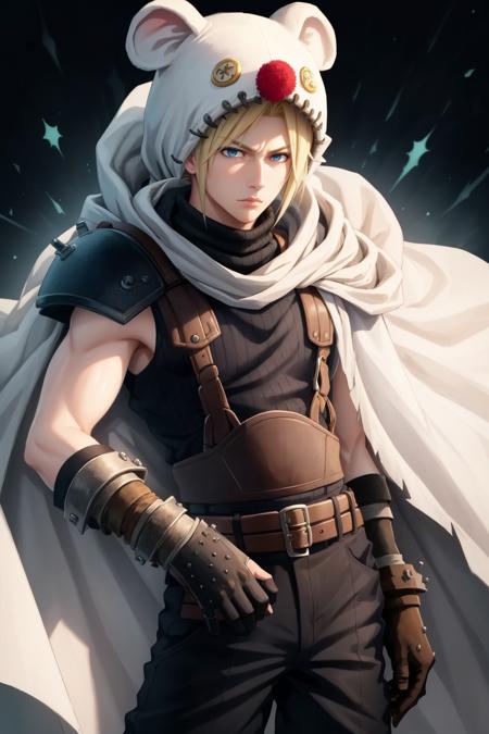 masterpiece, best quality, cloud strife, animal hood, white cloak, mooglesuit, shoulder armor, sleeveless turtleneck, suspenders, belt, baggy pants, gloves, bracer, looking at viewer, serious expression, male focus <lora:mooglesuit-nvwls-v1:1> <lora:cloudstrife-nvwls-v1-final:0.9>