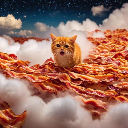 bacon fur, bacon, bacon sky, bacon clouds, detailxl, score_9, score_8_up, score_7_up, score_6_up, score_5_up, NightScapes,A macro shot of an adorable cat made out of bacon soaring through the swirling clouds at night, its wings flapping lazily under flight as it explores a bacony landscape above. <lora:Fractangles:0.85>, 4k, masterpiece, bacon, psychadelic, made out of bacon