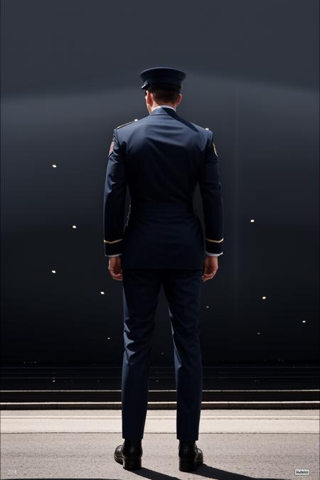 RAW photo, absurdres, high quality, photorealistic, sharp focus, airforce_uniform, 
a man wearing an air force uniform, looking at viewer, upper body, pants, boots, from behind, 
outdoors, sunlight, 
photo realism, ultra-detailed, 50mm, f1. 4, 8k uhd, film grain, 
 <lora:airforce:1>