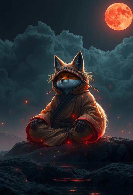 style by Petros Afshar,best quality,high resolution,realistic,8k,dynamic angle,serene,extremely detailed,absurdres particle effect,wonderful night dreamlike glowing masterpiece, celestial,detailed,realistic, clouds, Capturing serenity amidst boundless solitude: a powerful image of a fluffy ninja fox draped in flowing feudal garb, with its eyes closed, large sedge-hat, meditating in lotus position upon an endless, sunless expanse, JAPAN atmosphere, water reflection, insane glowing ,image concept art,phenomenal sakura blooming mesmerise,maximalist petal Bioluminescence majestic foliage detailed celestial,sightseeing,fantasy colorful-forestside ultrarealistic fairy,mossy, skytop realistic garden, huge detailed, red moon, big moon, Cyborg Samurai