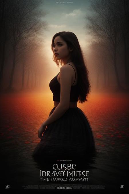 movieposter, Embrace the surreal aesthetic with hyperkraximalism as vibrant hues dance around her figure, evoking the fluidity of water and the gentle sway of leaves. In this medium portrait shot, a soft rim light gently illuminates her silhouette against a backdrop of shadow, casting an enigmatic aura. Surreal and captivating, this artwork invites viewers to explore the boundary between reality and the uncanny, where clouds merge with dreams and colors paint a mesmerizing  scene., cinematic impresionist, masterpiece layout design, cinematic cloud of red smoke font design, movie poster design , 100 shade of Darkness