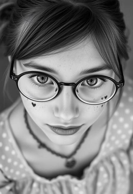 The monochrome black and white image is a close-up, high-angle portrait of a young 18 y.o. woman with striking green eyes, in round glasses, with a choker. She is looking directly up at the camera, creating a strong connection with the viewer. Her facial features are soft, and she has a natural, almost ethereal beauty with a face full of freckles that add to her youthful and fresh appearance. There are tattos,  symbol of heart, on each cheeks. Her hair is styled with a side-swept fringe that partially covers her forehead, and the rest of her hair appears to be tied back or away from her face. She is wearing a dress with dots, which can be seen in the lower part of the image. The focus on her eyes and face gives the image an intimate and engaging quality, with the high resolution capturing every detail of her skin and expression. The background is softly, emphasizing her face as the central point of the image. The overall feel of the image is delicate, natural, and photorealistic, capturing the subject's innocence and charm.
