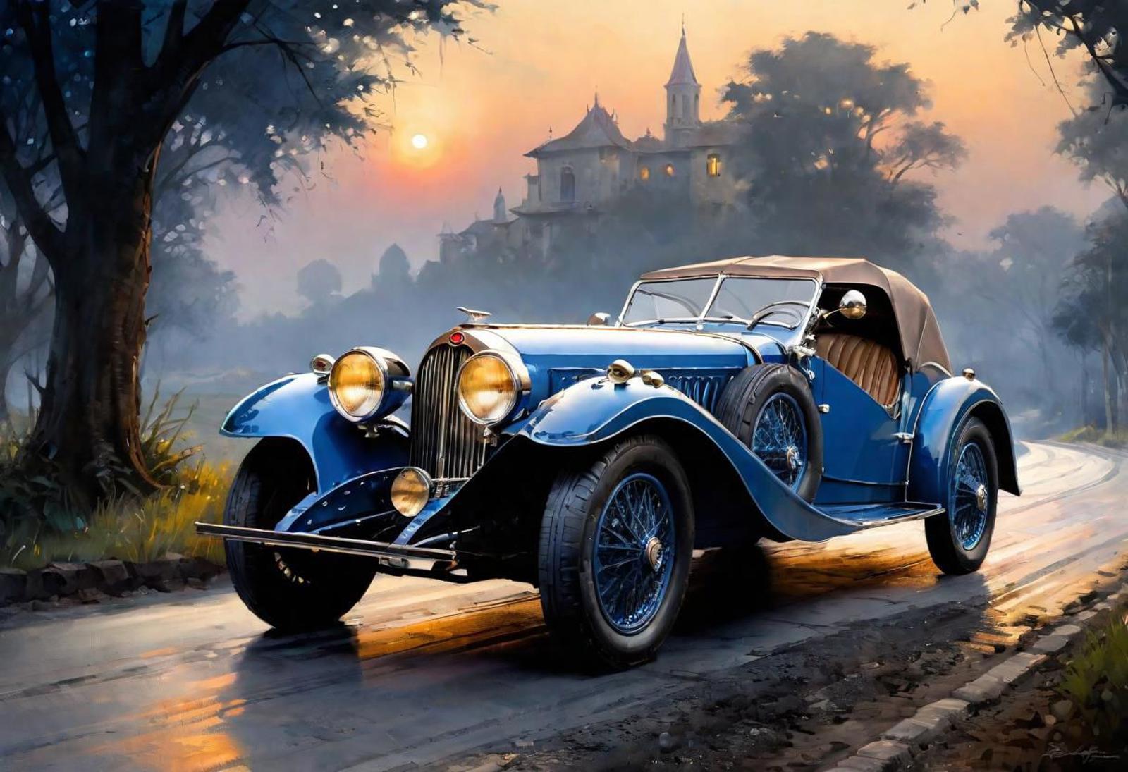An Artistic Painting of a Blue Antique Car Driving Down the Road