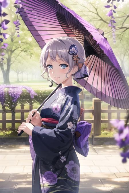 <lora:EveWakamiya-10:0.8>,wakamiya eve, 1girl, solo, looking at viewer, blush, smile, short hair, blue eyes, hair ornament, long sleeves, holding, closed mouth, upper body, flower, outdoors, japanese clothes, day, hair flower, kimono, blurry, tree, sash, depth of field, umbrella, obi, floral print, sunlight, blurry foreground, holding umbrella, purple flower, print kimono, oil-paper umbrella, purple kimono, dappled sunlight, wisteria