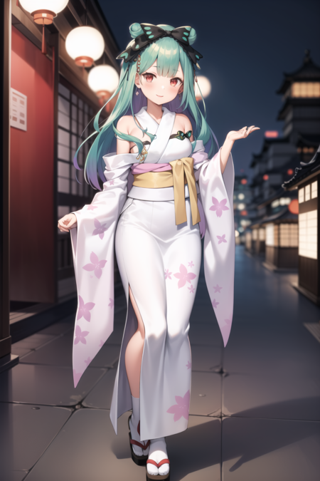 2d, masterpiece, best quality, anime, highly detailed face, highly detailed eyes, highly detailed background, perfect lighting, full body, 1girl, solo, rushia_kimono, green hair, hair bow, kimono, standing, dynamic pose, smile, east asian architecture, new years, night <lora:rushia-05:1>