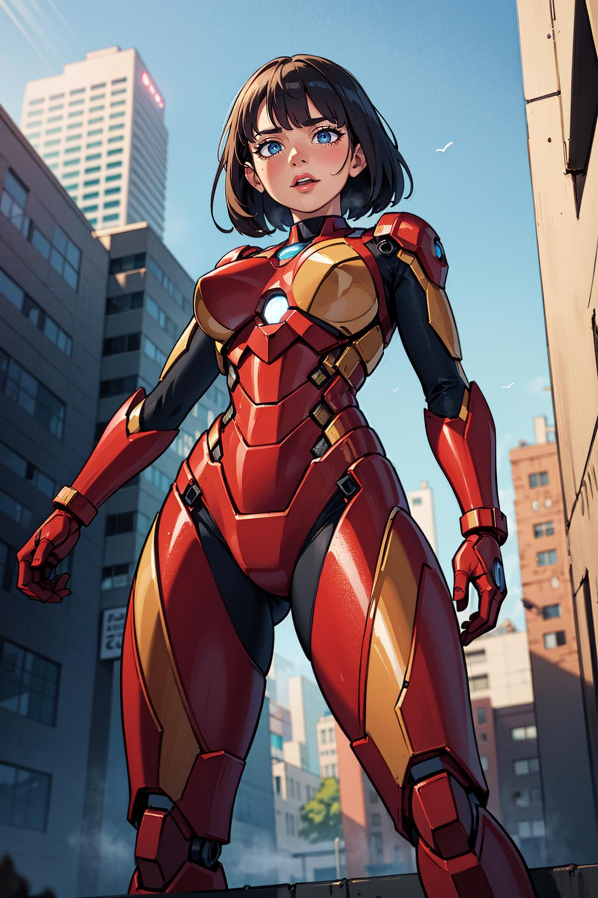 A woman in a red and gold suit standing in front of a building.
