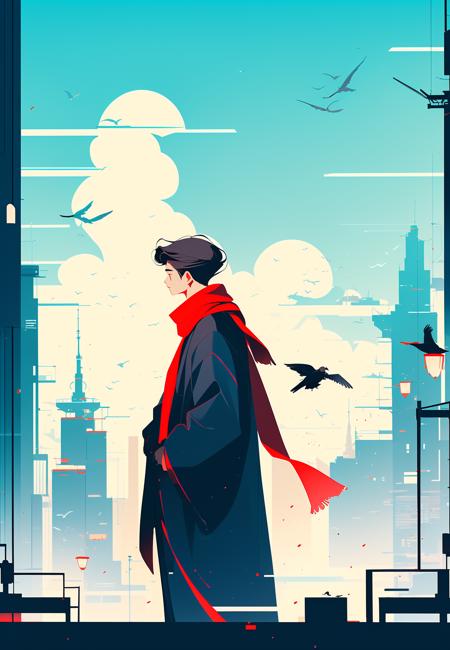 gfbpch, black hair, short hair, 1boy, profile, scarf, red scarf, long sleeves, from side, bird, city<lora:MW_å½é£æå¹³æç»_v1:0.9>