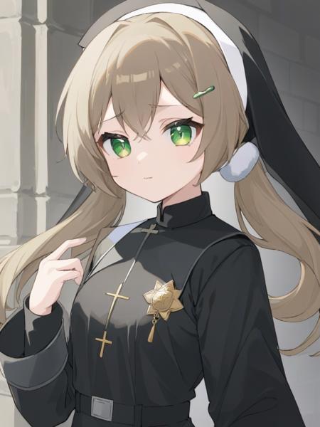 <lora:xl_ééæµè¯0.6æ­£å+å¤ç´ æ-000014:0.8>,qingque girl,low twintails,green eyes,light brown hair,police uniform,nun,cassock clothing,