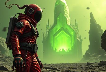 A cinematic shot of an undead lich astronaut in a vibrant metallic red spacesuit standing in the foreground, with a massive, crystaline structure in the background. . The atmosphere is filled with floating debris and a hazy lime green glow from the huge crystal