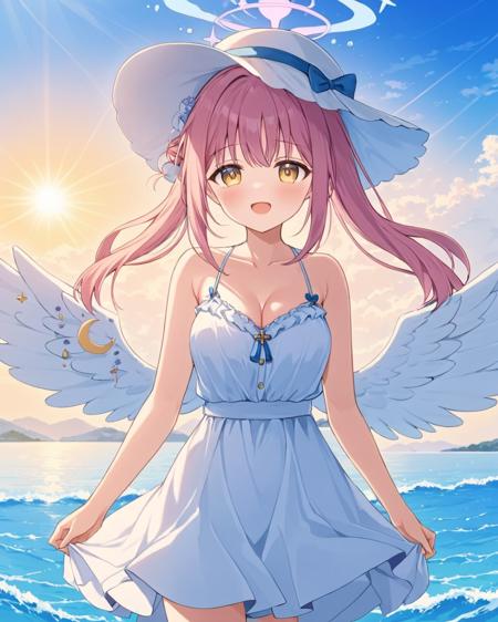 mika \(blue archive\),1girl, halo, white_dress, solo, alternate_costume, sun_hat, looking_at_viewer, low_wings, ocean, outdoors, white_wings, cleavage, skirt_hold, blue_sky, sleeveless_dress, cloudy_sky, :d, spaghetti_strap, feathered_wings, angel_wings, sidelocks, horizon, open_mouth, blush, white_headwear, day, sundress, water
<lora:mika_(blue_archive)_image1356_2023-11-18_spv-000030:1>,halo,. gorgeous,key visual, vibrant, studio anime,award-winning, professional, highly detailed,high budget, cinemascope