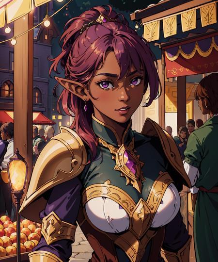 (original-art:1.2),(lineart:1.31), 1woman portrait elf paladin with intricate armor and chestnut hair chatting in a market, dark-skin,(depth),(movement:1.3),gothic plaza,unusual-shot,(hyperdefined),happy,purple red green,fantasy-victorian aesthetic,complex-lighting,(ultradetailed),(fine-details:1.3),RAW-format,perfect-anatomy,(limited-palette)