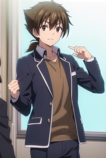 isseihyoudou, <lora:issei hyoudou anime s1-lora-nochekaiser:1>,
issei hyoudou, brown hair, (brown eyes:1.5), male focus, smile, grin,
BREAK long sleeves, school uniform, jacket, necktie, pants, black jacket, red necktie,
BREAK indoors, classroom,
BREAK looking at viewer, (cowboy shot:1.5),
BREAK <lyco:GoodHands-beta2:1>, (masterpiece:1.2), best quality, high resolution, unity 8k wallpaper, (illustration:0.8), (beautiful detailed eyes:1.6), extremely detailed face, perfect lighting, extremely detailed CG, (perfect hands, perfect anatomy),