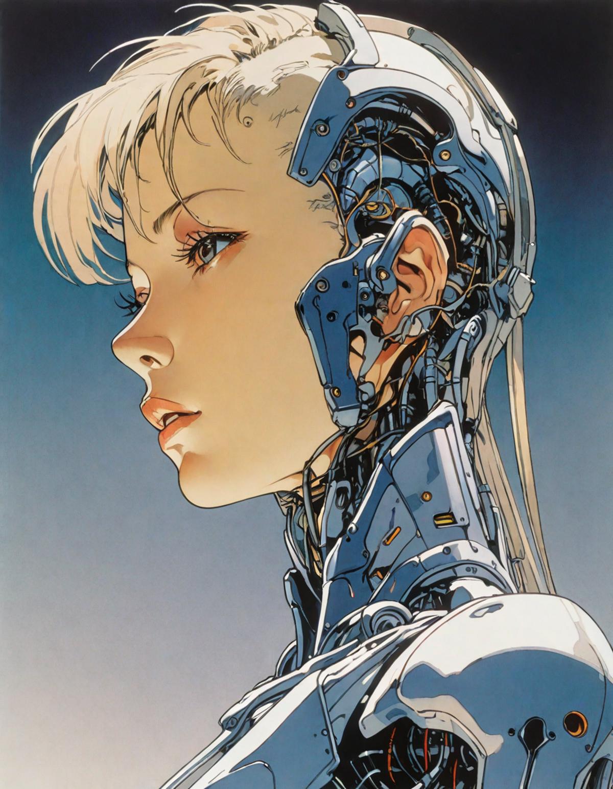 A woman with blonde hair wearing a silver robot head.