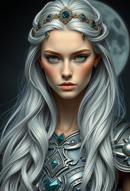 A 20-year-old female goddess with long, flowing silver hair resembling moonlit cascades, adorned with a delicate, gemstone-encrusted circlet, her elegant face showcasing a serene yet powerful visage, with profound, piercing emerald eyes that seem to hold the wisdom of the ages. Her features, a masterful blend of classical Greek and Norse inspirations, exude an aura of intelligence, confidence, and unyielding strength, tempered by a deep sense of compassion and wisdom. She wears an intricately crafted, modernized suit of armor, a mesmerizing fusion of ancient,