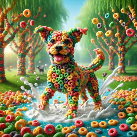 <lora:FruitLoopStyle:1>, made of fruit loops,
cute dog, happy, splashing, milk puddles,
(abstract background:1.2), raining milk, sunshine outside, golden hour, park, vivid colors, high-res, very intricate, high-quality details, ultra realistic, vibrant, highly detailed, award-winning, professional,, score_9, score_8_up, score_7_up, score_6_up,