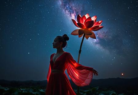 rp_slgd, lotus, On top of the flower sat the silhouette of a woman with her hair in two buns，A long strip of red silk fluttered in the wind around the woman，dramatic light, night, milky way, star sky, glowing, trippy,