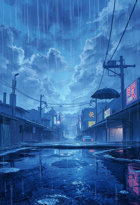 Vertical cinematic anime view, rooftops of a quiet Tokyo district during a light animated rain, puddle ripples shimmering with soft reflections of neon signs, clouds drifting dramatically above, occasional light flicker from behind thick formations, umbrella sways slightly from the breeze, soft blue and violet tones dominate, hyper-detailed.