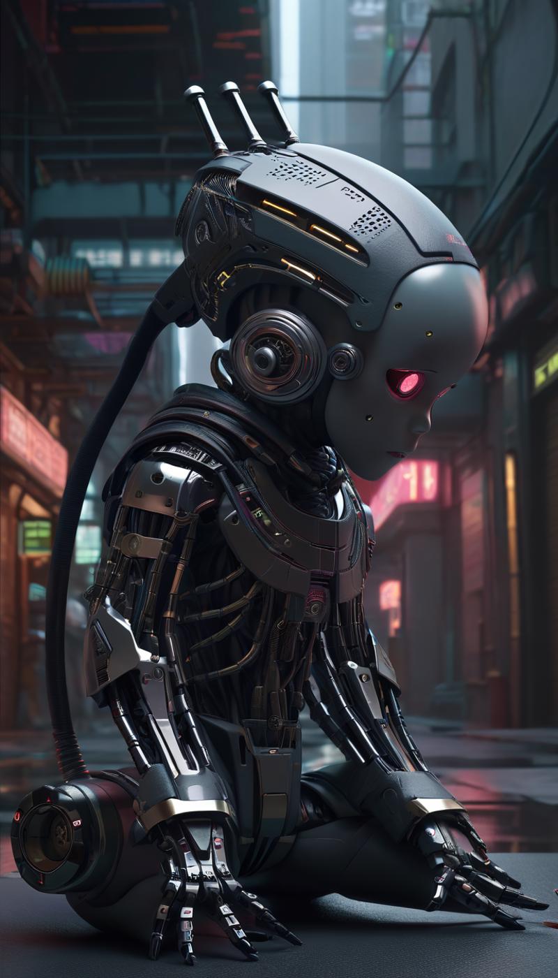 A robot with a child's face and a headset sits in a dark alley.