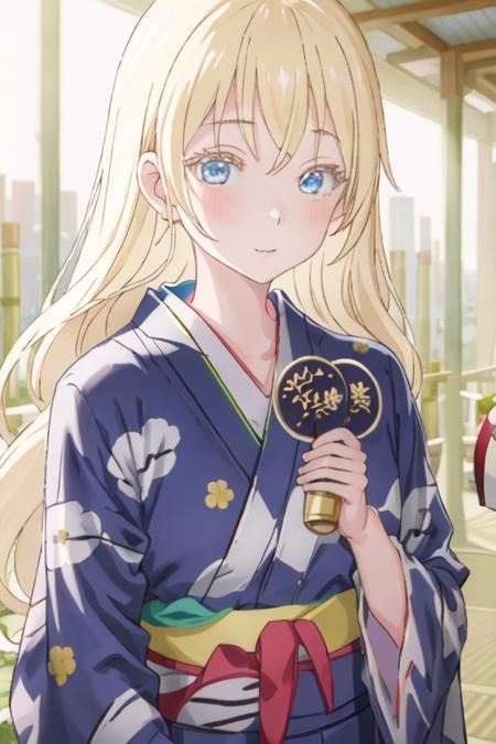 best quality, masterpiece, highres, solo, {yukata:1.40}, {kimono:1.20}, {olivia_asobiasobase:1.15}, blonde_hair, long_hair, blue_eyes, necktie, indoors