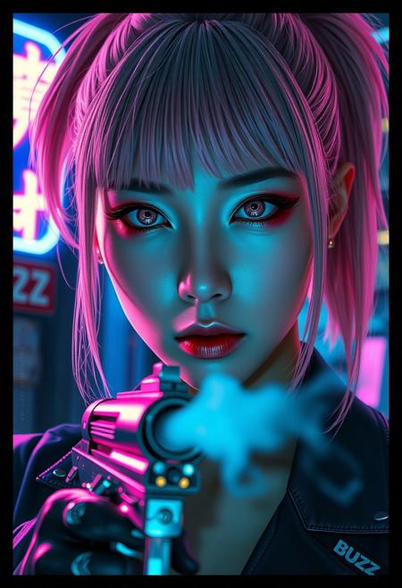 Photorealistic vertical movie poster of a tall, slender Japanese cyberpunk assassin. Extreme close-up portrait, her face fills most of the frame. She has long blush pink hair in a high ponytail, with brushed bangs and loose strands framing her face. Her expression is cold and controlled.
Her cybernetic eyes glow faint pink with intricate tech circuitry visible in the irises. She wears bold, sharp red Asian-style eyeshadow. At the bottom edge of the frame, the silver barrel of a futuristic pistol is visible, slightly out of focus and pointed at the viewer. A delicate plume of smoke rises from the barrel, drifting across her porcelain face.
Lighting is dramatic and cinematic — a neon-noir palette of deep shadows with vibrant pink, blue, and purple rim lights. Her chrome cybernetic hand is just out of frame.
In the blurred background: a blue neon sign reading ‘BUZZ’, with red Japanese katakana beneath it.
The poster has a framed black border. At the top, bold stylized title text:
BUZZ KILLER — glowing neon-style font
Below it, in smaller red type:
The Sakura Killer.”
	Style Tags: photorealistic, cyberpunk, movie poster, neon noir, futuristic assassin, glowing eyes, cinematic lighting,
Camera Framing: Close-up portrait, vertical orientation, 
Lighting: Pink/purple neon bounce, deep shadows, realistic glow effects
