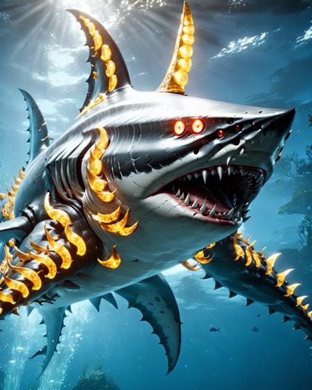 shark,more eyes,yokai fins,golden horns,epic,cinematic,masterpiece,best quality,16k,trending on artstation, <lora:niohxl-step00000300:1> in the style of niohxl,underwater