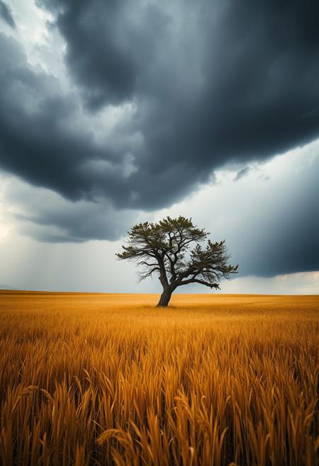 A high-resolution, dramatic photograph of a lone tree standing in the middle of a golden field of tall, swaying grass. Above, dark, stormy clouds dominate the sky, with a break in the clouds allowing a glimpse of light to shine through, creating a striking contrast between the dark sky and the illuminated landscape. The scene is moody and atmospheric, evoking a sense of impending storm and the beauty of nature's raw power. The tree, with its gnarled branches and dark leaves, stands as a focal point against the vast, turbulent sky.