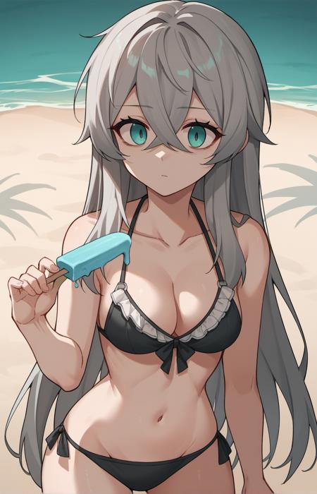 katja, long hair, grey hair, hair between eyes, ahoge, aqua eyes, black bodysuit, grey bodysuit, cape, gloves, medium breasts