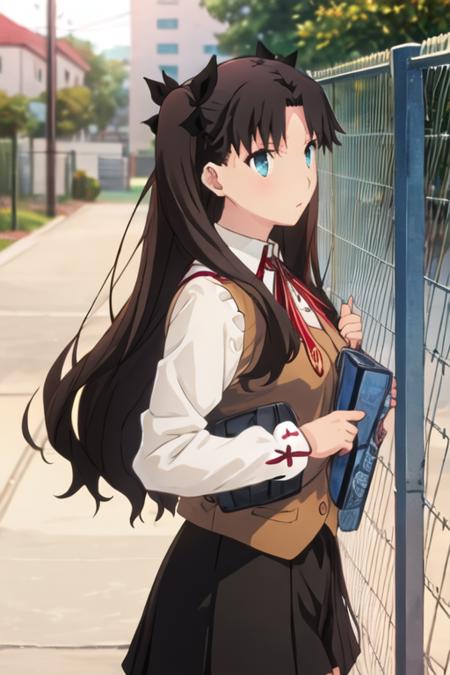 best quality, masterpiece, highres, solo, {tohsaka_rin_fatestaynightufotable:1.15}, long_hair, black_hair, ribbon, two_side_up, hair_ribbon, blue_eyes, brown_hair, 1girl, chain-link_fence, fence, school_uniform, homurahara_academy_school_uniform, can