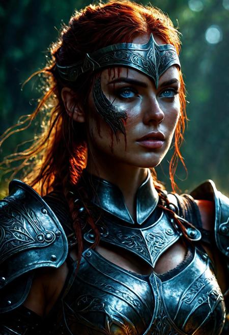 Ultra detailed digital art masterpiece Warrior Viking girl dressed in a iron Armor, Standing on a battlefield at the head of an army of knights, where a bloody slaughter is taking place, standing in battle pose, a dark epic fantasy, perfect lighting, beautiful Sadie Sink as Warrior Viking girl, attractive woman, elegant, beautiful woman of athletic body,  shot of the whole Warrior girl, unreal engine 5 nanite quality, dark fantasy, dark environment, very stormy day, LOTR style, dark washed out eyeliner, no make up, natural bloody pale face, realistic blue eyes, ultra detailed atmospheric details, beautiful glowing effects, sparkle effects, realistic body proportions, beautiful face proportions, complex masterpiece, wavy red hair, creative glowing detailed tattoos, complex physics, enhanced colors, complimentary colors, ultra detailed raytracing reflections, Ultra detailed complex background, environment feels alive, direct eye contact, dramatic lighting, wet and sweaty skin, beautiful firm Breasts, Daylight, Concept art by Greg Rutkowski, adding to the intense and dynamic atmosphere of the scene.