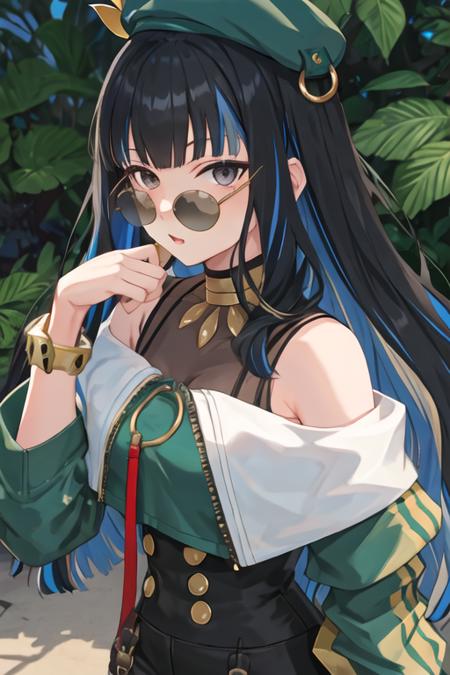 best quality, masterpiece, highres, solo, {tlaloc_fgo:1.15}, bangs, black_hair, blue_hair, multicolored_hair, long_hair, hat, breasts, jewelry, sunglasses, streaked_hair, black_eyes, 1girl, looking_at_viewer, bracelet, beret, green_headwear, jacket, upper_body