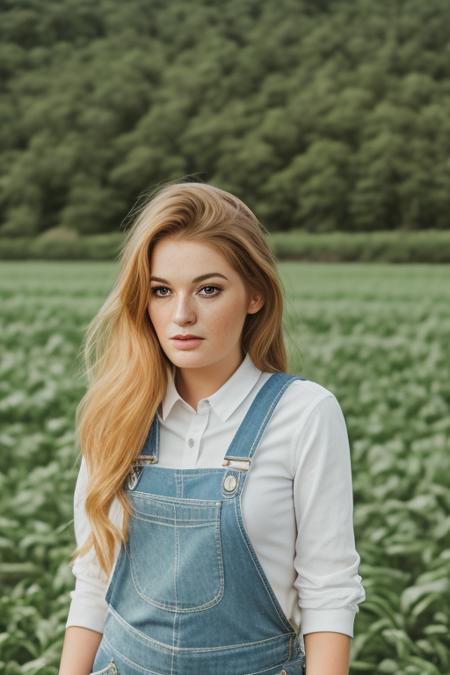 photography of an closeup portrait woman, realistic <lora:FayeReagan3:1>  wearing overalls white shirt on farm, vibrant colors